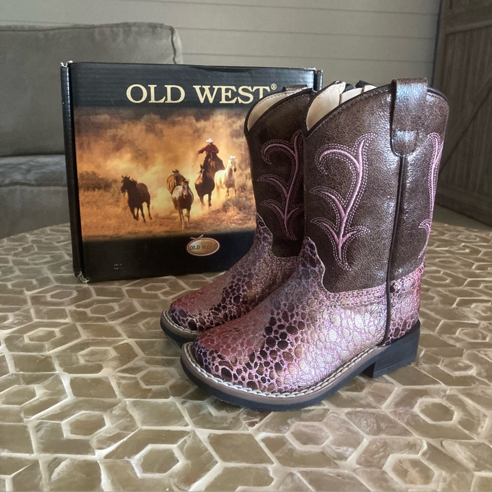 NEW!  Old West toddler square toe cowboy boots in antique pink/brown/crackle - Picture 2 of 9